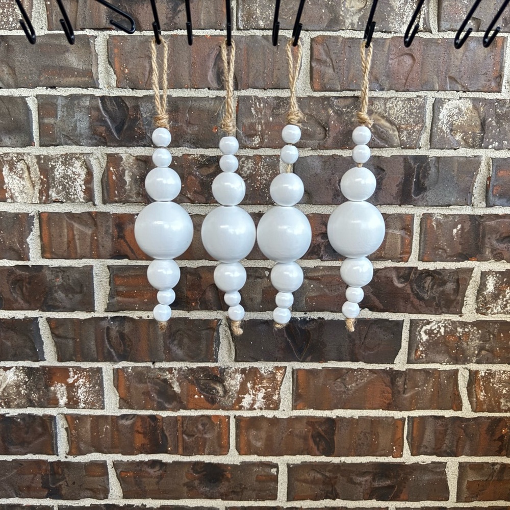 Set of 8 White and Natural Wood Bead Ornaments Christmas Tree Decor